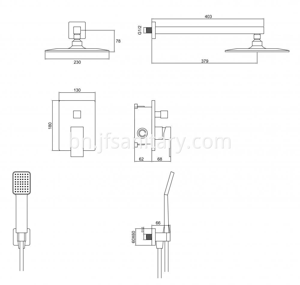 Size Of Square Recessed Rainfall Shower With Hand Set